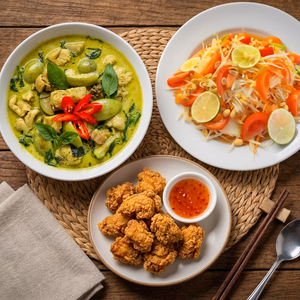 Vihreä Curry kanalla + Som Tam + Friteerattu kana