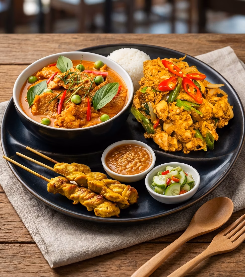 Panang Curry possu + Pad Pong Karee kana + Satay kana