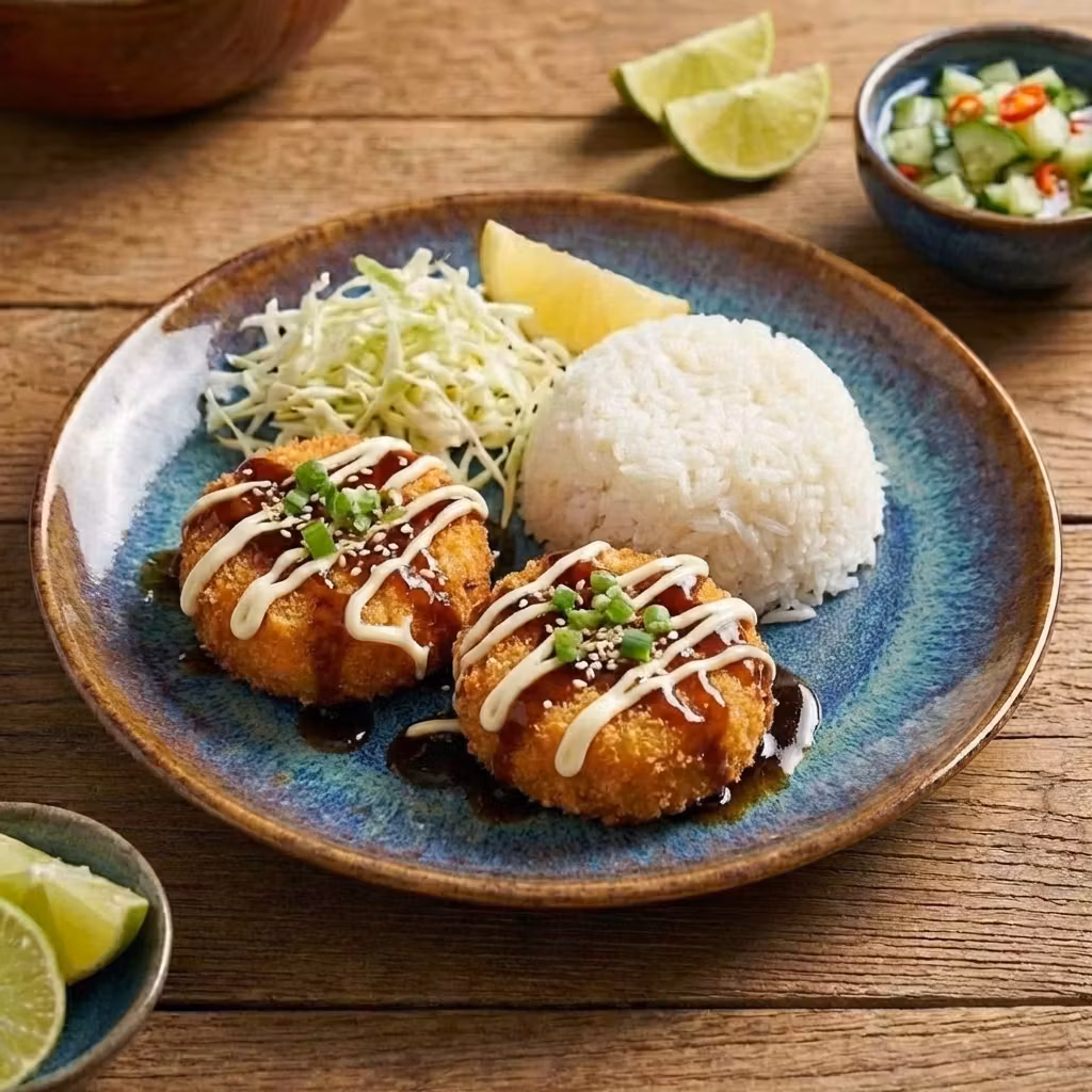 Deep-fried salmon with Teriyaki sauce